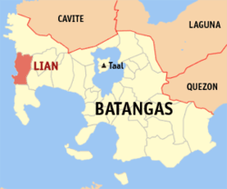 Map of Batangas showing the location of Lian