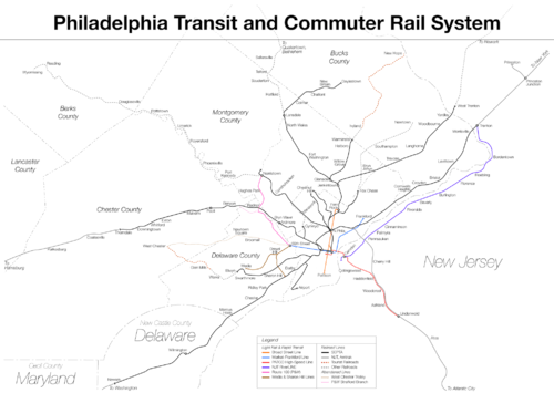 Rail lines converge to Center City Philadelphia in a hub-and-spoke model