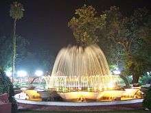 Ornate fountain at night, surrounded by trees