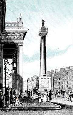 Artwork of statue of Nelson on top of a Doric column in a broad street with pedestrians and lined with buildings