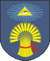 A coat of arms depicting the Eye of Providence with a blue iris encapsulated in a golden triangle surrounded in golden rays all on a blue background