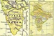 On the right is a map of India which shows it extending from Kashmir in the north, to the border with Afghanistan in the west, to Bengal in the east and the Vijayanagara Empire in the South. On the left is a higher resolution map of peninsular India extracted from the first map. It shows the towns and cities of the Vijayanagara Empire, as well as some in the surrounding kingdoms.