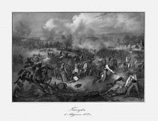 Print showing a chaotic scene of fighting of which the most prominent figures are Russian horsemen dressed in white coats, dark cuirasses, gray breeches, and crested helmets