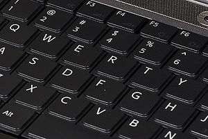 Six rows of black square keys with white letters, numbers, and symbols on them slope from the top left to the bottom right with a metallic strip in the top right corner.