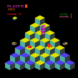 A square video game screenshot that is a digital representation of a multicolored pyramid of cubes in front of a black background. An orange spherical character, a red ball, and a purple coiled snake are on the cubes. Multicolored discs are adjacent to the left and right sides of the pyramid. Above the pyramid are statistics related to gameplay.