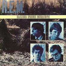 A picture of a field of kudzu with the word "R.E.M." in light blue written across the top, a yellow band in the middle that reads "RADIO FREE EUROPE" and a montage of blue-tinted photographs of the members of R.E.M. in the bottom-right corner (clockwise, from top-left): Peter Buck, Mike Mills, Michael Stipe, and Bill Berry