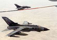 Photograph of a pair og Toranados over the desert and bewlo a fuel hose (for in-flight refueling).