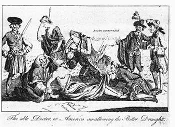 A 1774 etching from The London Magazine, copied by Paul Revere of Boston. Prime Minister Lord North, author of the Boston Port Act, forces the Intolerable Acts down the throat of America, whose arms are restrained by Lord Chief Justice Mansfield, while the 4th Earl of Sandwich pins down her feet and peers up her skirt. Behind them, Mother Britannia weeps helplessly.