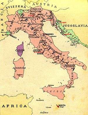 color map of Italy in red claimed by Fascists in the 1930s