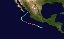 The track of a major hurricane starts off the southwestern Pacific coast of Mexico, heads northwestward, and ultimately turns northeastward before moving ashore.