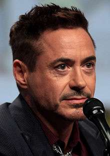 Closeup of Robert Downey Jr. facing right at the San Diego Comic Con International in San Diego, California