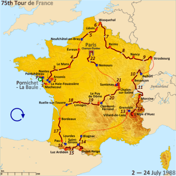 Map of France with the route of the 1988 Tour de France
