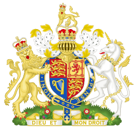 Coat of arms containing shield and crown in centre, flanked by lion and unicorn