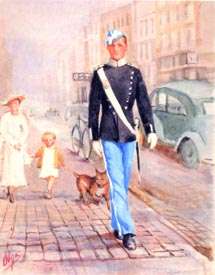Painting by Olga of a young guardsman in a two-toned blue uniform striding forward on the pavement of a cobbled street; behind him a well-dressed lady in a wide-brimmed hat walks with a small child and a pet dog, and a 1930s motor car and bicycle are in the street