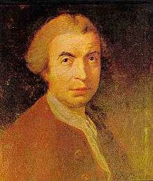 Yellowish painting of man with short hair in 18th-century dress, looking above the artist