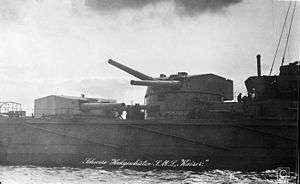 Two large gun turrets on a battleship