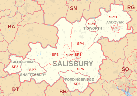 SP postcode area map, showing postcode districts, post towns and neighbouring postcode areas.