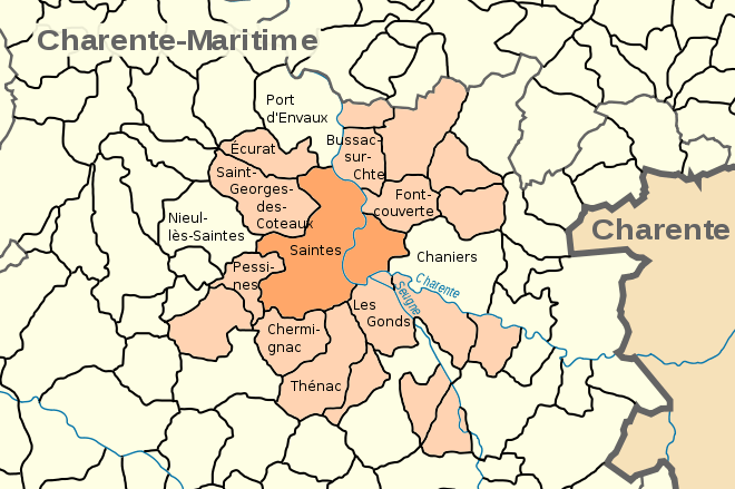 Map showing Saintes and its neighboring communes