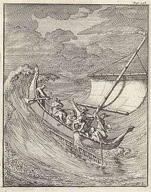 Men in a small ship in a storm