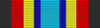 A multicolored military ribbon. From left to right the color pattern is; thick green stripe, thick red stripe, thick yellow stripe, thin blue stripe, very thick aqua stripe, thin blue stripe, thick yellow stripe, thick red stripe, think green stripe.