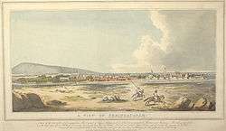 Panorama of a river island town, with pink pagoda-like structures and white minarets, and the river surrounding it. In the foreground two horse-riders scatter in different directions; in the distance, a gray hill rises on the left