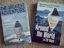 Two books with different titles: The Greatest Adventure on the UK edition; Around the World in 20 Days on the US issue. Different front-cover designs show a hot-air balloon to the backdrop of snowy mountains.