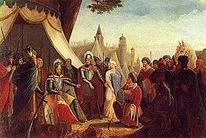 Painting of a group of men clustered around a seated man in armor wearing a crown. Kneeling before the seated man is another man, with a third man standing between the two men and pointing at the kneeling man.