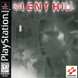 Artwork of the game packaging. The top portion reads "Silent Hill", while a left side bar reads "PlayStation". The cover art, which is mainly colored in grey, depicts the following computer-generated imagery: the face of a young man (center), a girl in front of a staircase (left), a house (upper-left), the charred face of a girl (down-left), the face of a middle-aged woman (upper-right) and the face of a young woman (down-right).