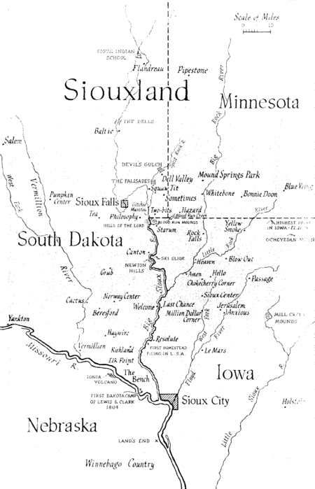 Map of Siouxland from the endpapers of the novel "This Is the Year" by Feike Feikema (Frederick Manfred), who defined "this area where state lines have not been important" and coined the name in 1946