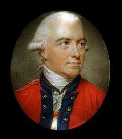 Color painting of a white-wigged Henry Clinton in a red coat with dark blue lapels