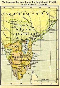 A political map of south India c. 1750 showing Mysore in the center, Sira to the north, Kurpa to the northeast, Arcot to the east, Travancore, Cochin, and Malabar to the southwest, and Bednor to the west