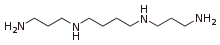 Spermine is a long, symmetrical molecule capped at both ends with amino groups N H 2. It has two N H groups symmetrically placed within the molecule, separated from each other by four methylene groups C H 2, and from the amino ends by three methylene groups. Thus, the full molecular formula is N H 2 C H 2 C H 2 C H 2 N H C H 2 C H 2 C H 2 C H 2 N H C H 2 C H 2 C H 2 N H 2.