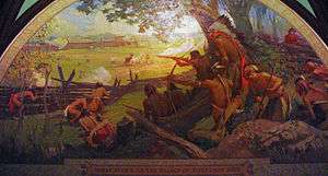 Painting of the Battle of St. Louis of 1780 showing attacking Native Americans and the defending town