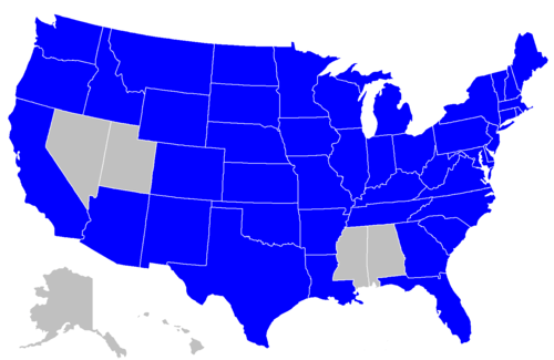  A map of the United States with the states with lotteries highlighted