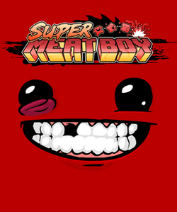 A red background is overlaid with a large cartoonish smile with a missing tooth and two eyes, one of which is swollen. Above them is written "Super Meat Boy".