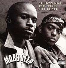 Grayscale photo of Havoc and Prodigy with Mobb Deep logo at bottom left corner and "Survival of the Fittest" text at top right corner.
