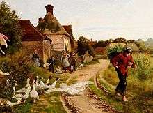 A demobilized soldier with a basket of ferns on his back, walking furtively through a hamlet, is chased by a flock of geese while being watch by a family standing outside their cottage.
