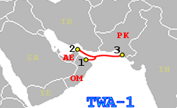 A map showing the route of the TWA-1 telecommunication cable.