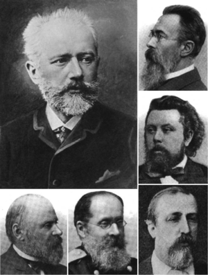 A portrait of a man with gray hair and a beard, wearing a dark jacket, dress shirt and tie. Five smaller portraits surround this one. Four of the men are in dark suits; the fifth wears a military uniform. All of the men have beards; three are balding, while two have dark hair; and two of the men are wearing glasses.