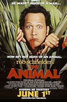 Rob Schneider's head appearing from behind long grass. A red feather is sticking out from between his lips.