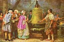 A painting in which a man in working clothes shows off the Liberty Bell to a number of well-dressed people, who are conferring. A woman prepares to tap the bell with a hammer.
