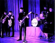 A tinted photograph of five members of the D-Men performing with guitars, drums and keyboards