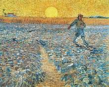 A man is scattering seeds in a ploughed field. The figure is represented as small, and is set in the upper right and walking out of the picture. He carries a bag of seed over one shoulder. The ploughed soil is grey, and behind it rises a standing crop, and in the left distance, a farmhouse. In the centre of the horizon is a giant yellow rising sun with emanating yellow rays. A path leads into the picture, and birds are swooping down.