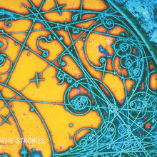 Mostly orange album cover containing, largely in the right-hand side, random turquoise lines, intersections, doodles, circles, and other abstract shapes. It is captioned "THE STROKES" in the bottom left-hand corner.