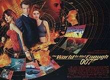 Poster shows a circle with Bond flanked by two women at the centre. Globs of fire and action shots from the film are below. The film's name is at the bottom.