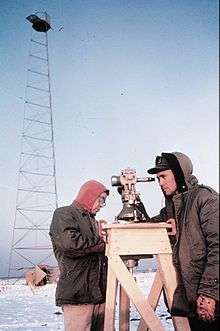 Picture of a man taking measurements with a theobolite in a frozen environment.