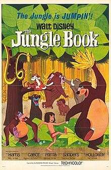Drawing of a jungle. A boy wearing a red loincloth walks holding hands with a bear which holds a bunch of bananas above his head, while an orangutan follows them and a black panther watches them from behind a bush. A tiger lies on the branch of a tree while a snake comes from the leaves above. In the background, three elephants. At the top of the image, the tagline "The Jungle is Jumpin'!" and the title "Walt Disney The Jungle Book". At the bottom, the names of the main voice actors and the characters they play.
