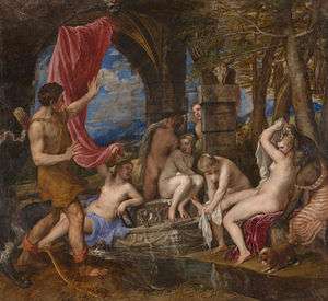 Painting of a man happening upon a group of nude women, bathing in a grotto-like space.