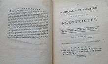 Open book, showing title page and advertisement from Priestley's Familiar Introduction to Electricity
