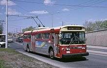 A route 89 TTC trolley bus on Weston Road north of Albion Road/Walsh Avenue travelling southbound in 1987